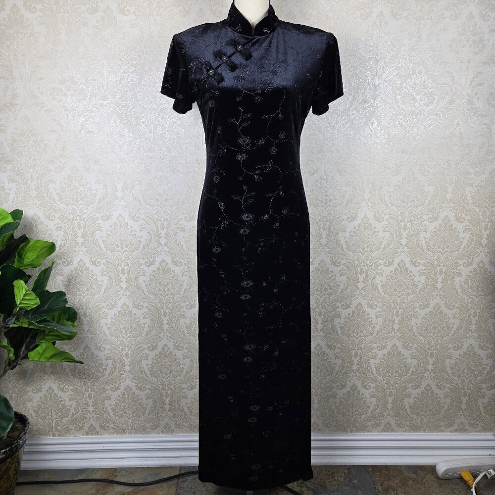 Dawn Joy Size 9/10 Black Velvet Asian Inspired Maxi Dress Floral Pattern Sparkle